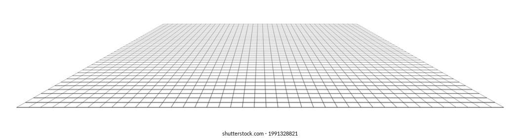 3D grid, mesh in perspective. Vanishing lattice, grating into horizon