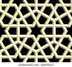 3D grid on a black background in the style of arabesque. Abstract illustration. 