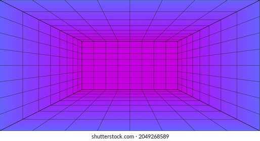 3d Grid perspective laser room in technology style. Virtual reality tunnel or wormhole. Abstract vaporwave background