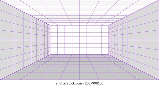 3D Grid Perspektive Laserraum im Technologiestil. Virtueller Reality-Tunnel oder Wurmloch. Abstrakter Hintergrund der Dampfwelle