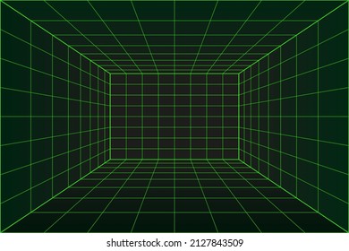 3d Grid perspective room in matrix technology style. Virtual reality tunnel or wormhole. Abstract binary computer code background
