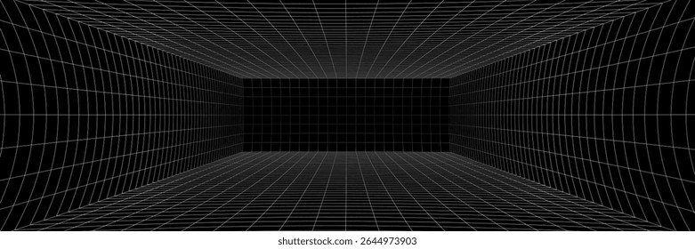 3d grid room background for digital game or space. Black box meets future with abstract wireframe texture. Futuristic vector tunnel design in cyberspace.