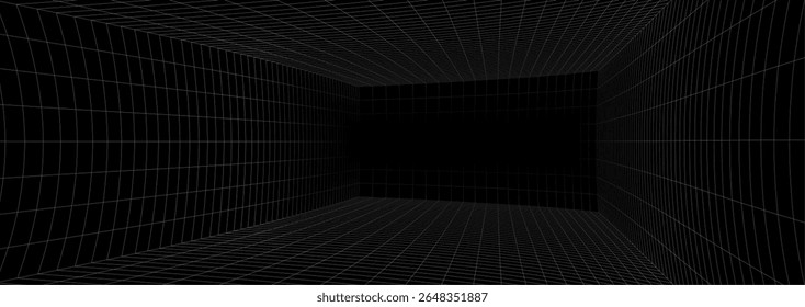 3d grid room background for digital game or space. Black box meets future with abstract wireframe texture. Futuristic vector tunnel design in cyberspace.