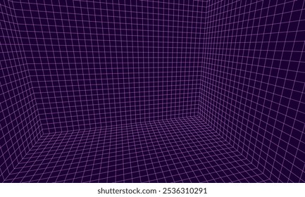 Sala de rejilla 3D. Fondo de estructura de alambre futurista. Concepto de realidad virtual. Ilustración vectorial.
