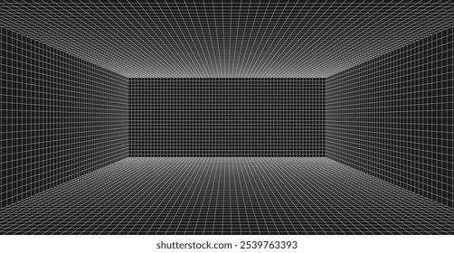 sala de grade 3d. Plano de fundo aramado futurista. Conceito de realidade virtual. Ilustração vetorial.