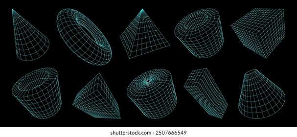 3d grid shapes, wireframe geometric figures. Vector set of three-dimensional futuristic forms such as cones, spheres, pyramids, cubes, cylinders or torus and abstract twisted digital meshed structures