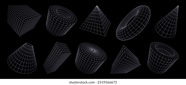 Formas de rejilla 3D, figuras geométricas de wireframe. Cubo brutal de la perspectiva de la malla de la línea de Vector, cono y toro, pirámide, cilindro, cuboide y túnel. Formas de rejilla 3D Abstractas con patrón de malla monocromo