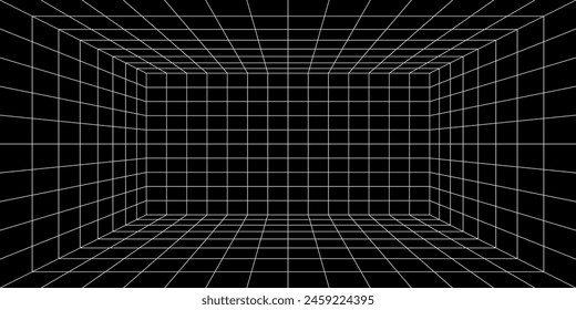 3d grid space. Empty futuristic digital box room, black abstract background with white grid space lines perspective view. Network cyber technology, sci-fi, wireframe. Cyberpunk and vaporwave