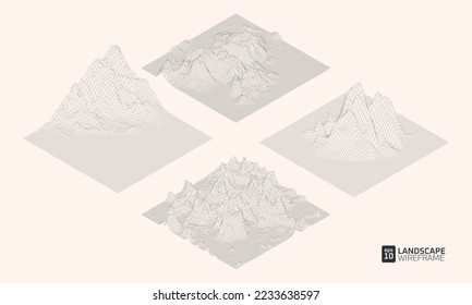 3d grid technology illustration landscape. Set of mountains on white background. Digital abstract terrain cyberspace. EPS10 Vector.