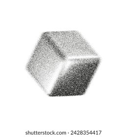 3d gritty cube with grain gradient effect in y2k style isolated on white background. Noise cube with grainy dot texture is rotating in perspective with light and shadow. 3d vector geometric shape
