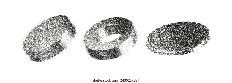 3d gritty geometric shapes with grain gradient effect in y2k style isolated on white. Noise cylinder, torus, pipe, ring with grainy dot texture rotate with light and shadow. 3d vector geometric figure