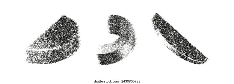 3d gritty geometric shapes with grain gradient effect in y2k style isolated on white. Noise half cylinder, torus, ring with grainy dot texture rotate with light and shadow. 3d vector geometric figure