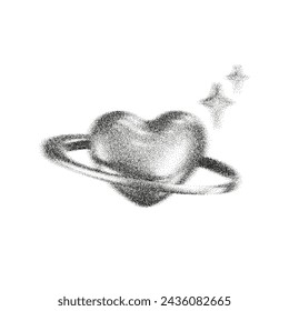 Coeur gris 3d avec effet dégradé de grain en style y2k isolé sur fond blanc. Un coeur de bruit 3d avec texture de point gris ressemble à une planète de galaxie avec étoile et lumière, ombre. Image vectorielle 3d y2k