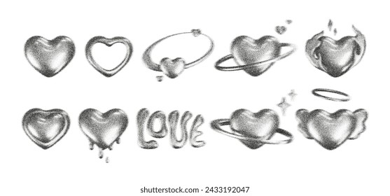 3d gritty hearts with grain gradient effect in y2k style isolated on white background. Noise 3d heart with grainy dot texture looks like galaxy planet with star, fire flame, angel wing. 3d y2k vector