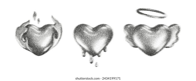 3d gritty hearts with grain gradient effect in y2k style isolated on white background. Noise 3d heart with grainy dot texture looks like galaxy planet with star, fire flame, angel wing. 3d y2k vector