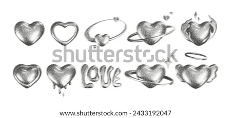 3d gritty hearts with grain gradient effect in y2k style isolated on white background. Noise 3d heart with grainy dot texture looks like galaxy planet with star, fire flame, angel wing. 3d y2k vector