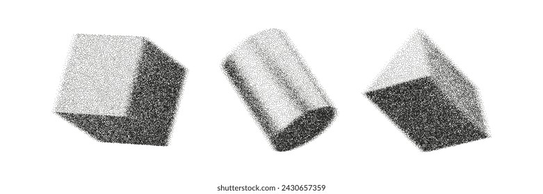 3d gritty shapes with grain gradient effect in y2k style isolated on white. Noise cube, cylinder, pyramid with grainy dot texture rotate in perspective with light, shadow. 3d vector geometric figure