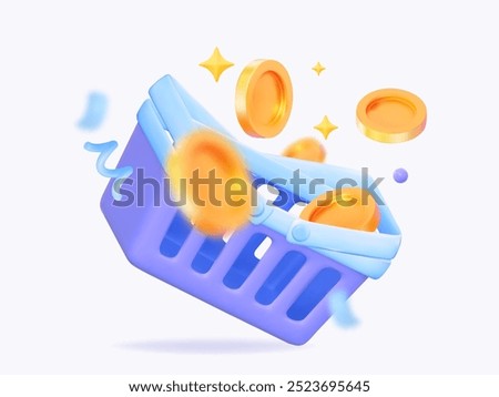 3D grocery basket with flying golden coins and stars, symbolizing profit, success, discounts, winnings, and promotions. Suitable for financial services, banks, related to promotions and cash back.