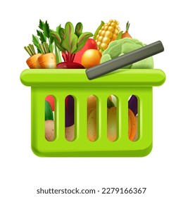 3D grocery shopping basket, vector vegan supermarket food icon, organic goods delivery, vegetables. Fresh greenery market, natural healthy meal, plastic handle cart. Grocery basket illustration