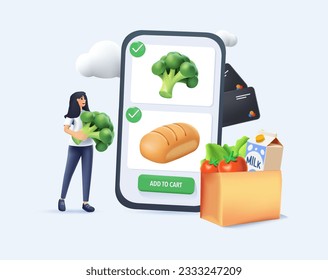 3D Grocery vegetables illustration. Character buying online fresh organic vegetables, putting in shopping basket and veggie box delivery. 3D local production support concept. 3D vector illustration