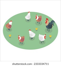 3d Group of free-range chicken freely grazing outside of organic farm. Organic farming, animal rights, back to nature concept. 2032