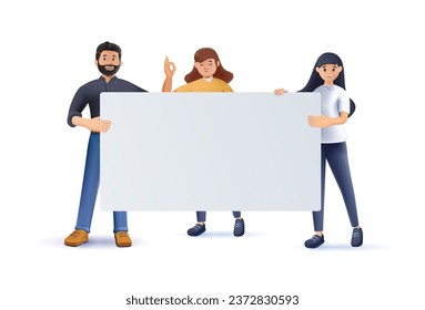 3D group of young men and women standing together and holding blank banner. People taking part in parade or rally. Male and female protesters or activists. 3D cartoon colorful vector illustration