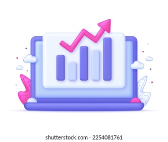 3D Growing bar graph illustration on Computer. Making goals and goal achievement, growth business success. Investment and financial growth concept. Modern vector in 3d style.