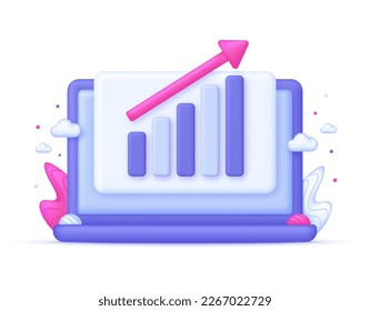 3D Growing bar graph illustration on Computer. Making goals and goal achievement, growth business success. Investment and financial growth concept. Modern vector in 3d style.