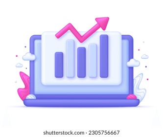 3D Growing bar graph illustration on Computer. Making goals and goal achievement, growth business success. Investment and financial growth concept. Modern vector in 3d style.