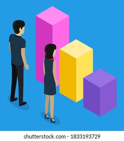 3d growing graphic. Vector isometric infographics. Financial strategy. Visual presentation. Analysis info, statistic. Digital marketing. Office workers, man and woman looking at visual graph