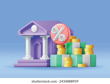 3D Growth Bank with Building Cash Money. Render Bank with Money and Percentage Symbol. Financial, Business Investment Financial Market Trade. Money and Banking. Vector Illustration