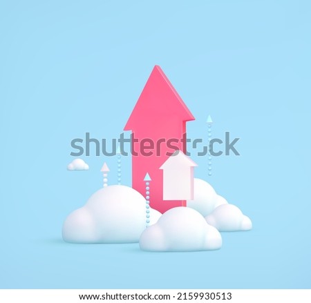 3d growth business icon with arrows and clouds on blue background. Concept business success, opportunity, growth, leadership.Vector cartoon illustration