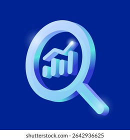 3d growth chart analyze for research investment concept, stock market or fund, trading graph, and business economy financial. Modern gradient iridescent hologram magnifying glass. 3D icon vector.