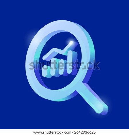 3d growth chart analyze for research investment concept, stock market or fund, trading graph, and business economy financial. Modern gradient iridescent hologram magnifying glass. 3D icon vector.