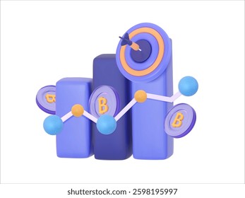 3D growth chart Bitcoin coins, and a target. Symbolizes cryptocurrency investment success and achieving financial goals. Suitable for analytics and financial projects.