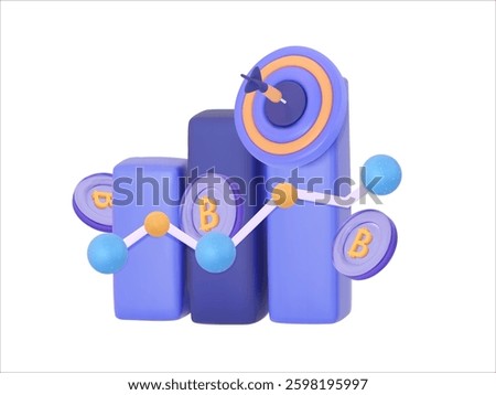 3D growth chart Bitcoin coins, and a target. Symbolizes cryptocurrency investment success and achieving financial goals. Suitable for analytics and financial projects.