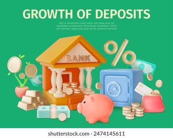 3d Growth of Deposit Concept Ads Banner Poster Card. Vector illustration of Bank Building, Safe Deposit and Piggy