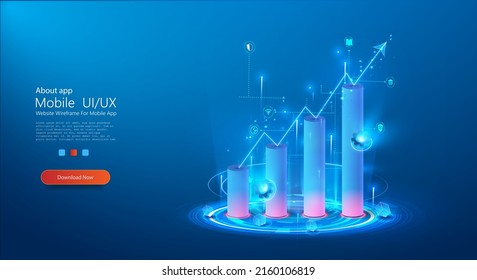 3d growth diagram in blue. The concept of business, finance, analytics. Digital vector monochrome graph on the background of a hologram or projection. Abstract finance background. Vector illustration