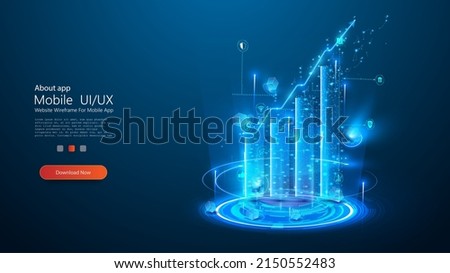 3d growth diagram in blue. The concept of business, finance, analytics. Digital vector monochrome graph on the background of a hologram or projection. Template, layout for your business. Vector