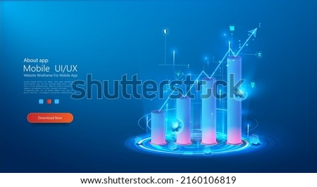 3d growth diagram in blue. The concept of business, finance, analytics. Digital vector monochrome graph on the background of a hologram or projection. Abstract finance background. Vector illustration