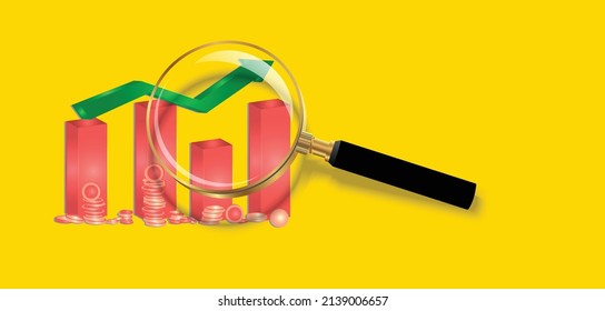 3d growth graph and arrow with magnifying glass on isolated yellow background. for banner, poster, background, projects and reports.