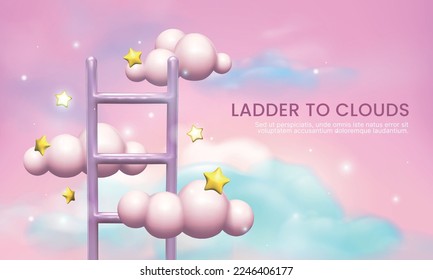 3D growth ladder. Dream clouds. Career level up. Job promotion. Step to success. Iridescent heaven background. Stairway to leadership. Business achievement. Vector realistic exact concept