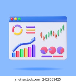 Gráfico de acciones de crecimiento 3D y flecha en la ventana del navegador. Render flecha de stock con dinero en monitor muestra crecimiento o éxito. Partida financiera, Informe, Inversión empresarial. Dinero y Banca. Ilustración vectorial