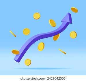 3D Growth Stock Chart Arrow with Golden Coins. Render Stock Arrow with Money Shows Growth or Success. Financial Item, Business Investment Financial Market Trade. Money and Banking. Vector Illustration