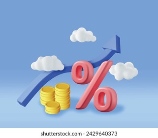 Flecha de gráfico de acciones de crecimiento 3D con monedas de oro. Representar flecha de cotización con símbolo de dinero y porcentaje. Partida Financiera, Inversión De Negocios Comercio De Mercado Financiero. Dinero y Banca. Ilustración vectorial