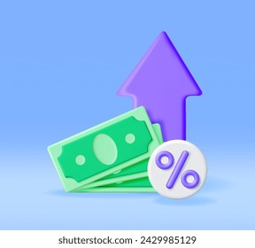 Flecha de gráfico de acciones de crecimiento 3D con dólares. Representar flecha de cotización con símbolo de dinero y porcentaje. Partida Financiera, Inversión De Negocios Comercio De Mercado Financiero. Dinero y Banca. Ilustración vectorial