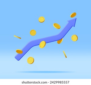 3D Growth Stock Chart Arrow with Golden Coins. Render Stock Arrow with Money Shows Growth or Success. Financial Item, Business Investment Financial Market Trade. Money and Banking. Vector Illustration