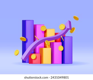 3D Growth Stock Chart Arrow with Golden Coins. Render Stock Arrow with Money Shows Growth or Success. Financial Item, Business Investment Financial Market Trade. Money and Banking. Vector Illustration