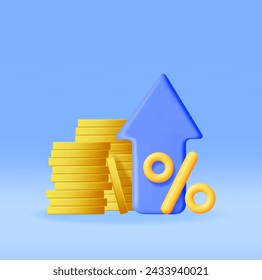 3D-Wachstum Stock Chart Pfeil mit goldenen Münzen. Rendert den Aktienpfeil mit dem Geld- und Prozentsymbol. Finanzposition, Geschäftsinvestition Finanzmarkt Handel. Geld und Bankwesen. Vektorgrafik