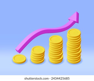 Flecha de gráfico de acciones de crecimiento 3D con monedas de oro. Render flecha de stock con dinero muestra crecimiento o éxito. Partida Financiera, Inversión De Negocios Comercio De Mercado Financiero. Dinero y Banca. Ilustración vectorial